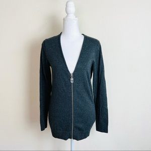Michael Kors Grey Knit V-Neck Logo Zipper Pull Cardigan Jacket